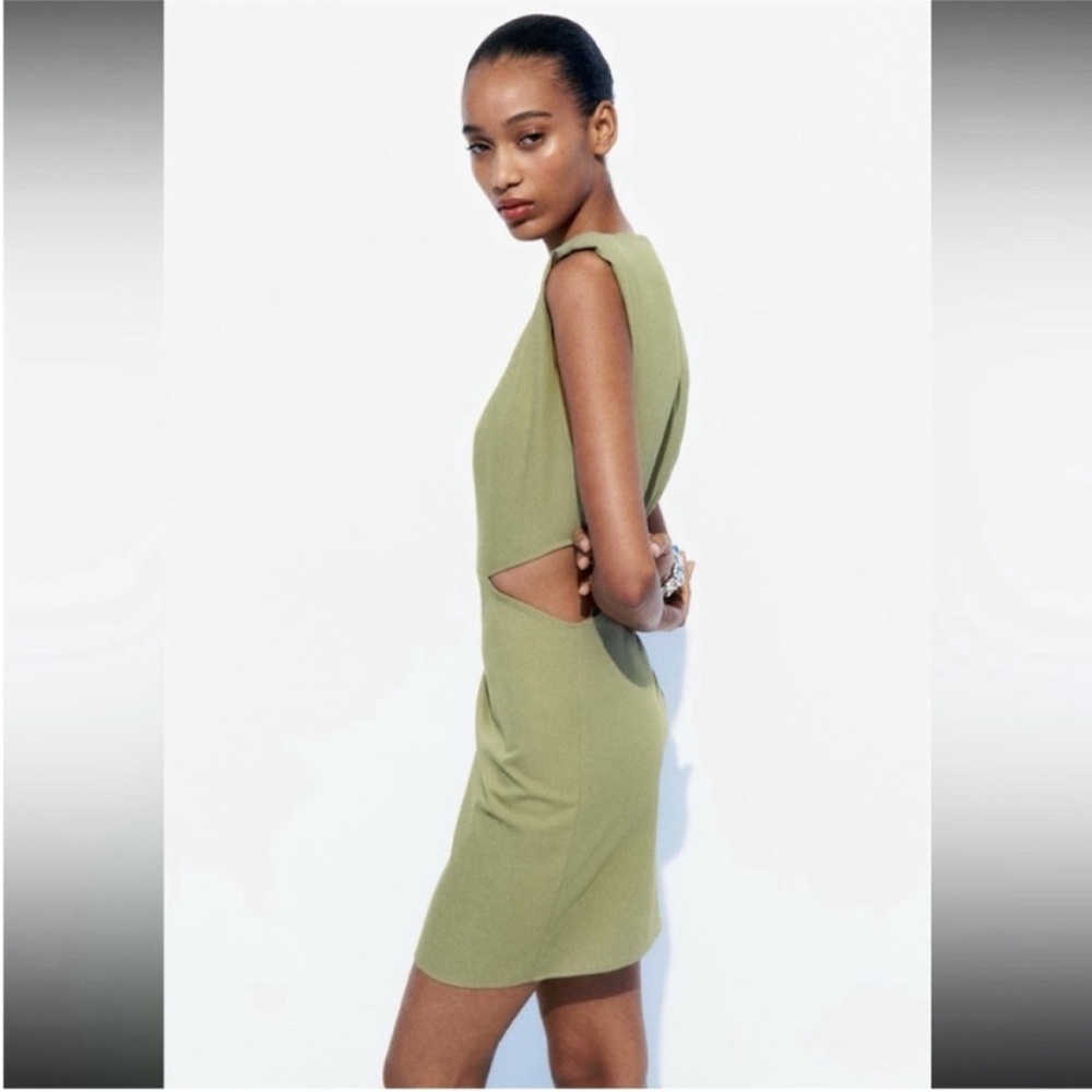 Zara, Light Khaki, RUCHED CUT OUT MINI DRESS, Medium - Picture 4 of 9